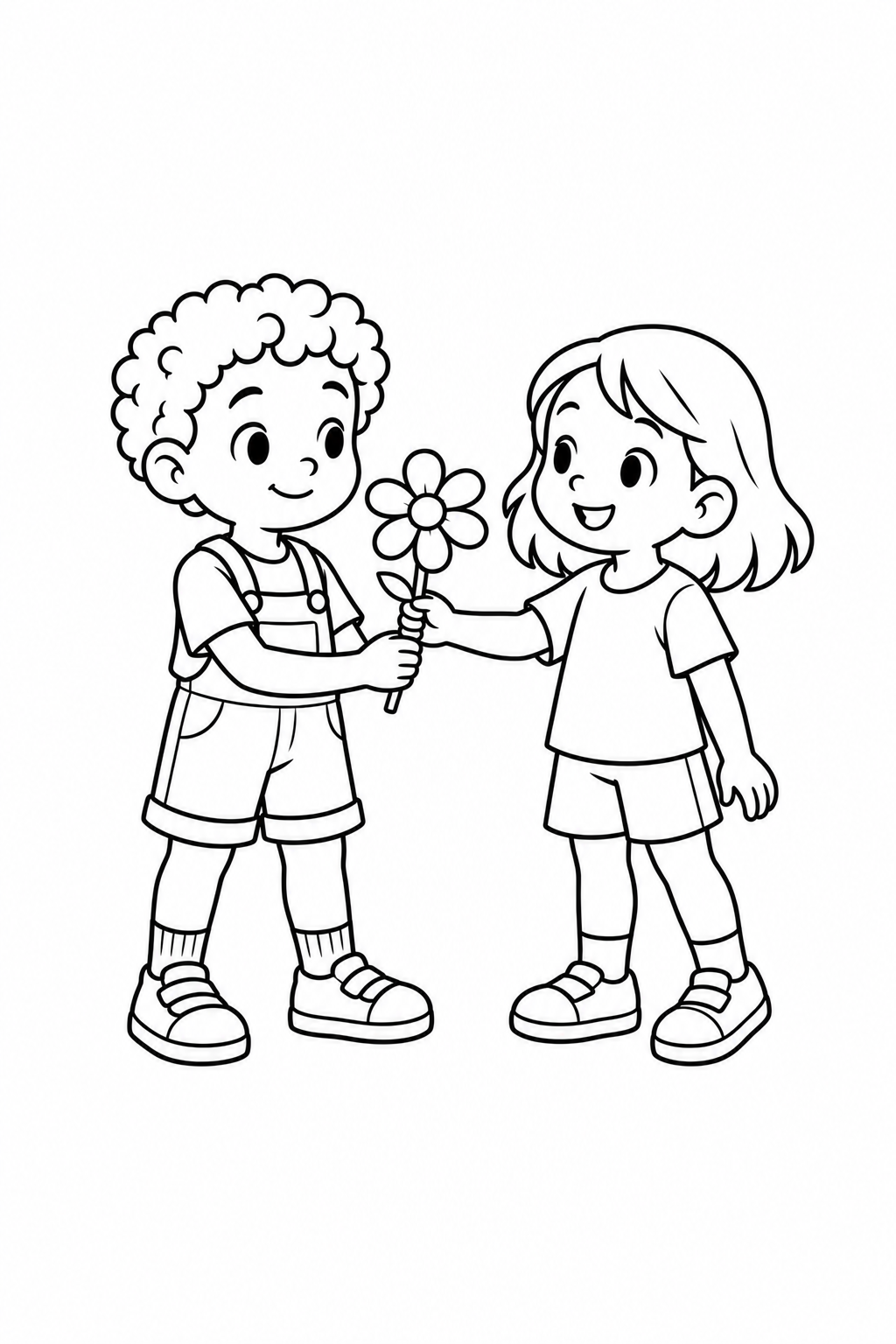Two smiling children holding a flower stem between them.