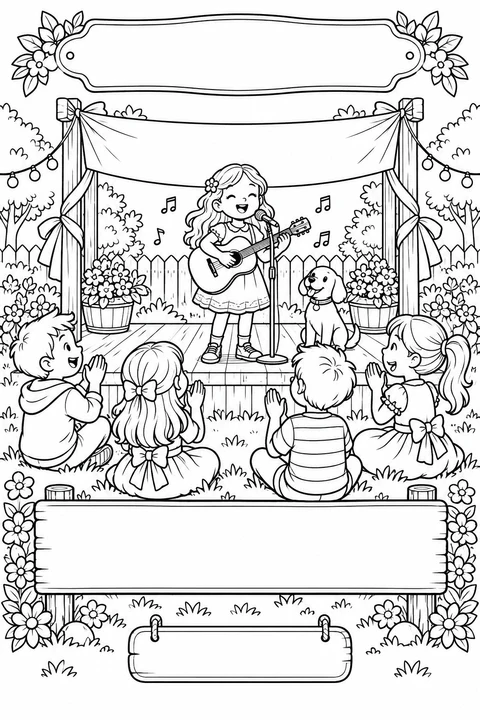 Black-and-white coloring card: Friends cheer a first performance, with three blank writing areas.