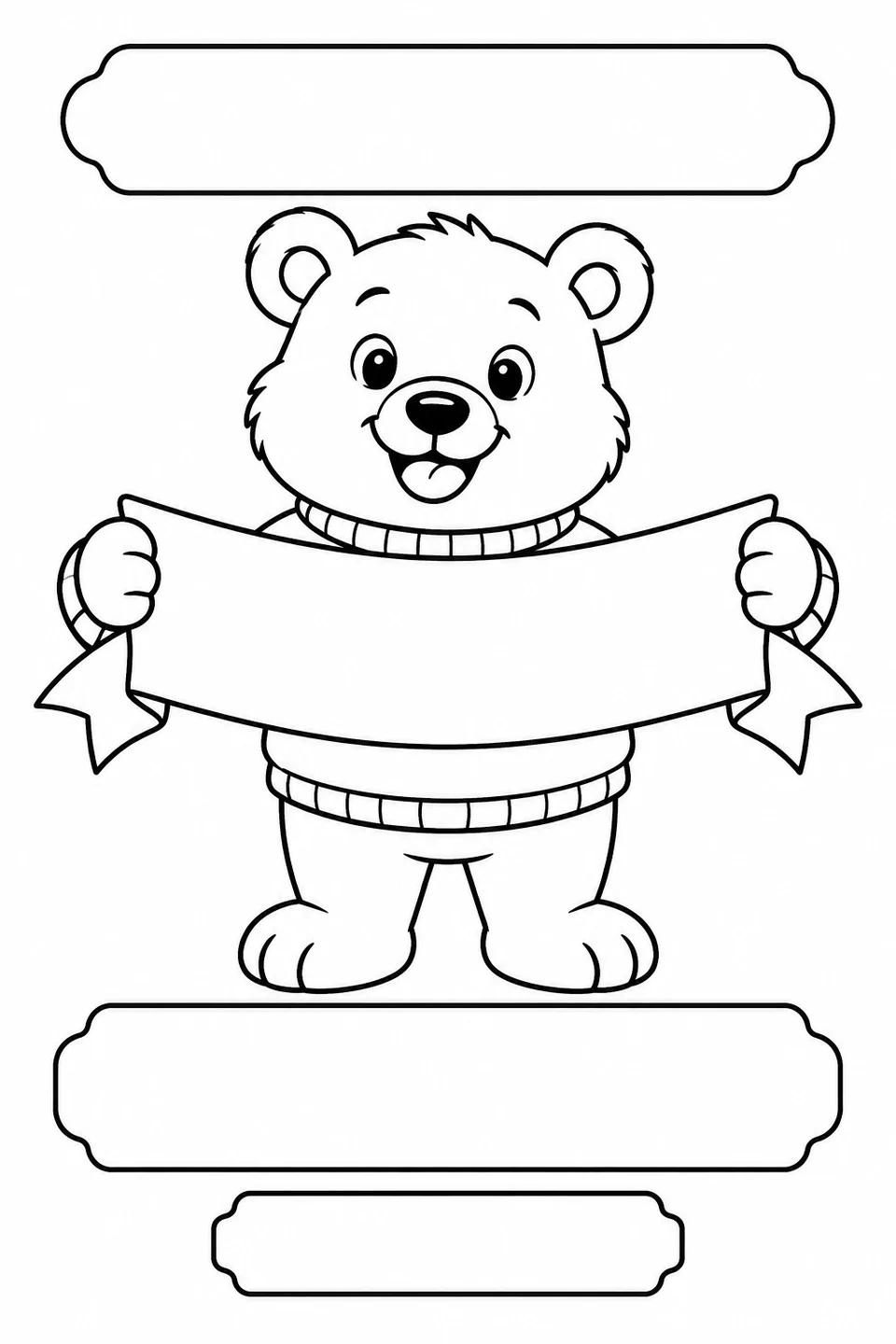 Black-and-white coloring card: A bear cheers you on, with three blank writing areas.