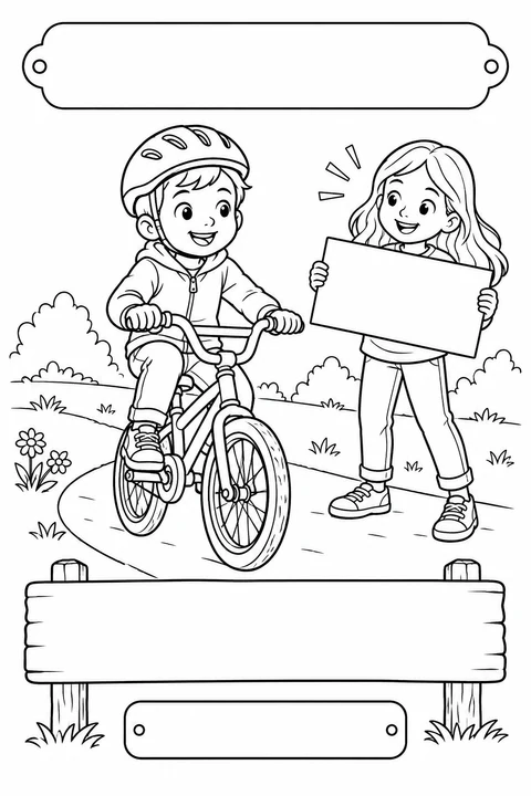 Black-and-white coloring card: Learning to ride with a friend, with three blank writing areas.