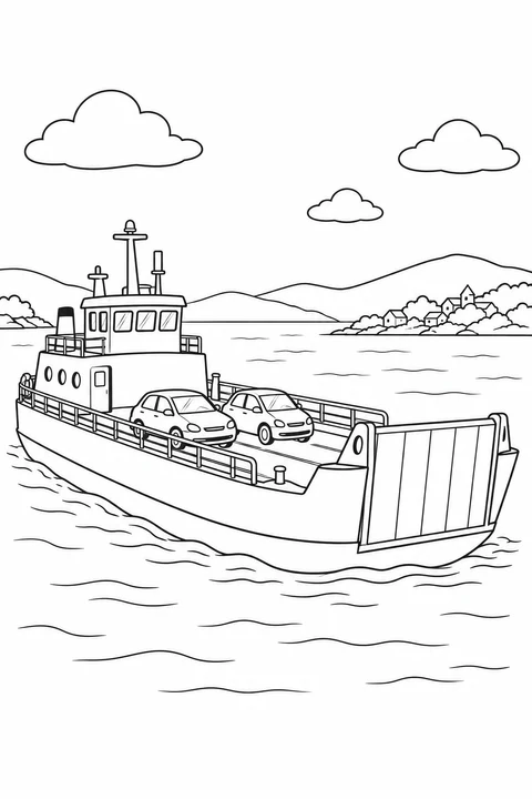 A ferry carries two cars on an open deck with railings and a closed bow ramp.