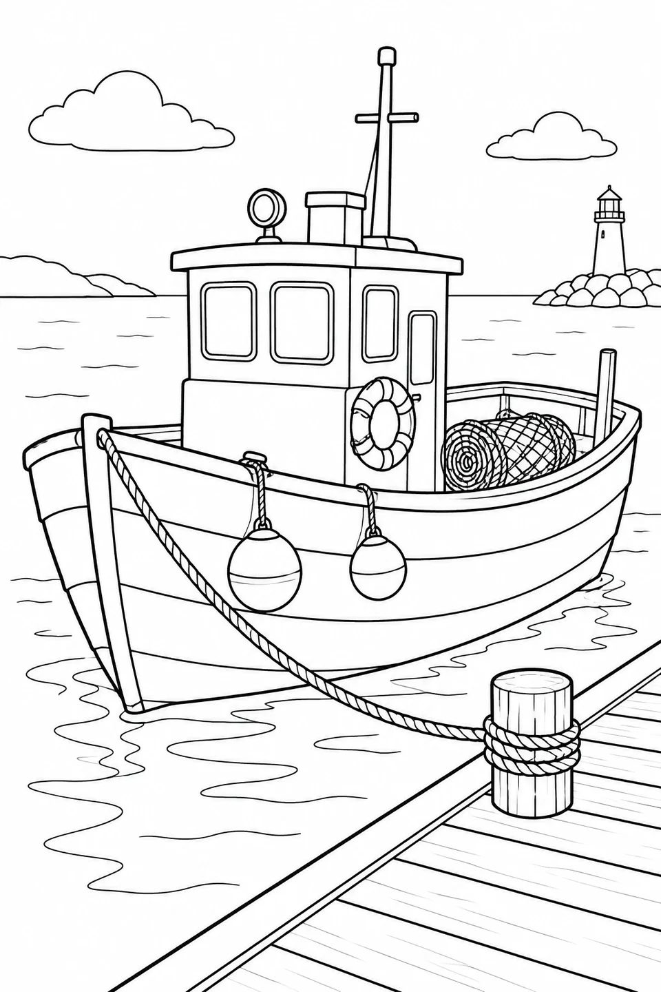 A fishing boat is tied to the pier, with a rolled net, two buoys and a lifebuoy.