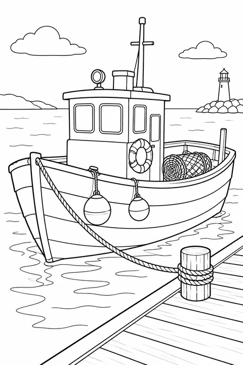 A fishing boat is tied to the pier, with a rolled net, two buoys and a lifebuoy.