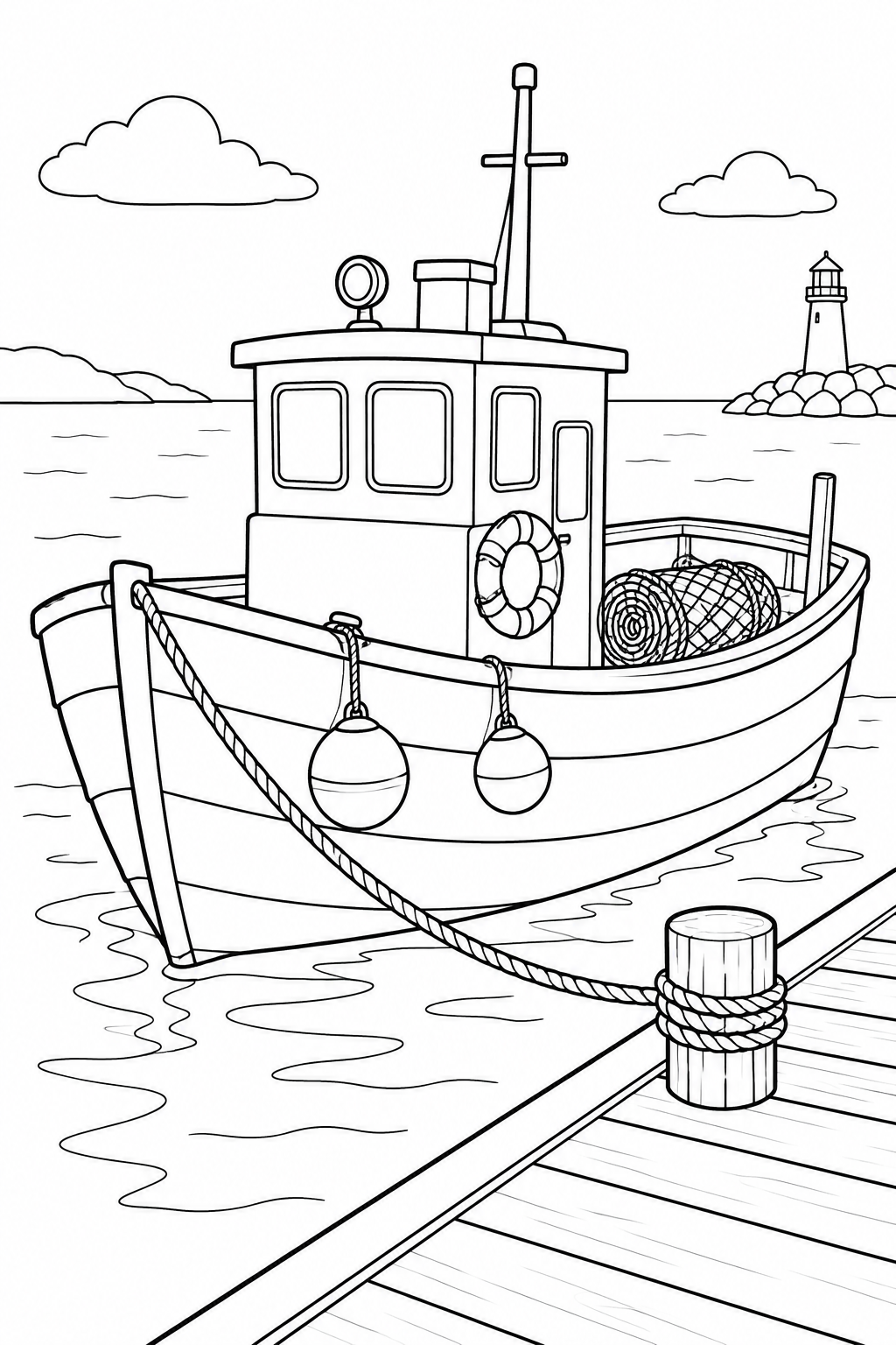 A fishing boat is tied to the pier, with a rolled net, two buoys and a lifebuoy.