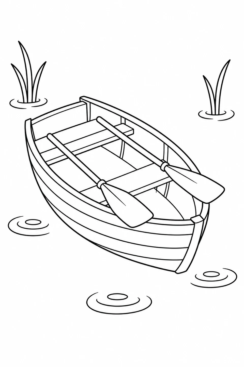 An empty wooden rowboat holds two oars across its seats, with reeds and ripples nearby.