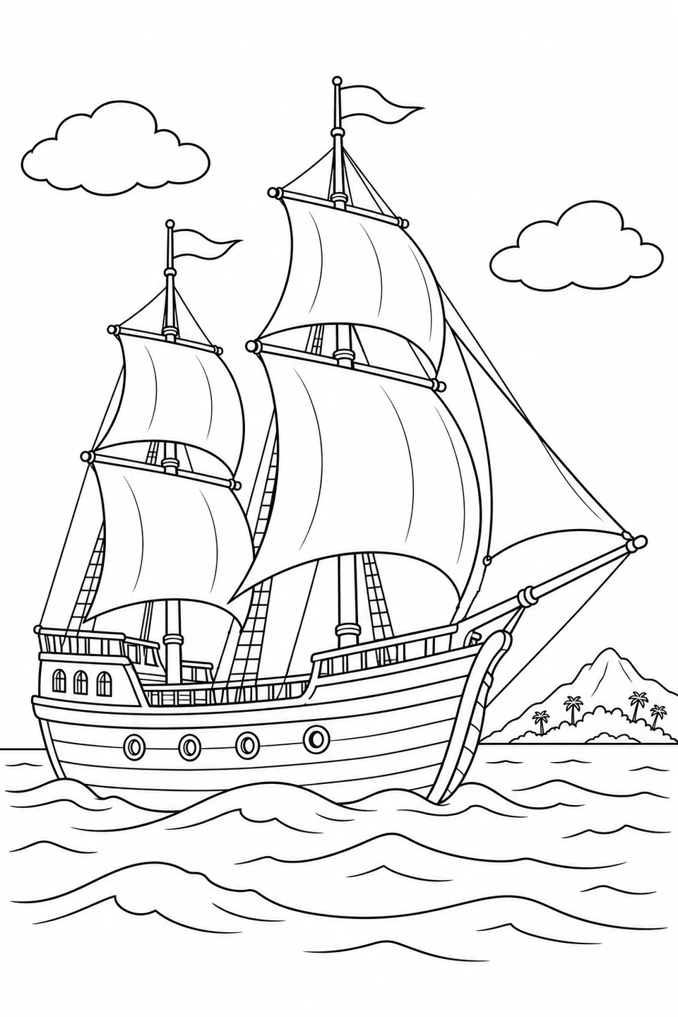 A two-masted ship spreads five sails above a hull with round portholes, near a distant island.
