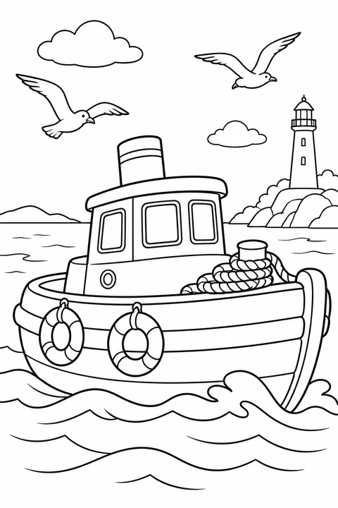 A tugboat with two lifebuoys and a rope coil passes a lighthouse beneath two seagulls.