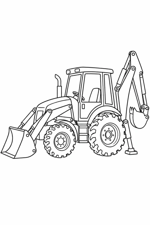 A backhoe loader has a broad front bucket and a folded digging arm behind its cab.