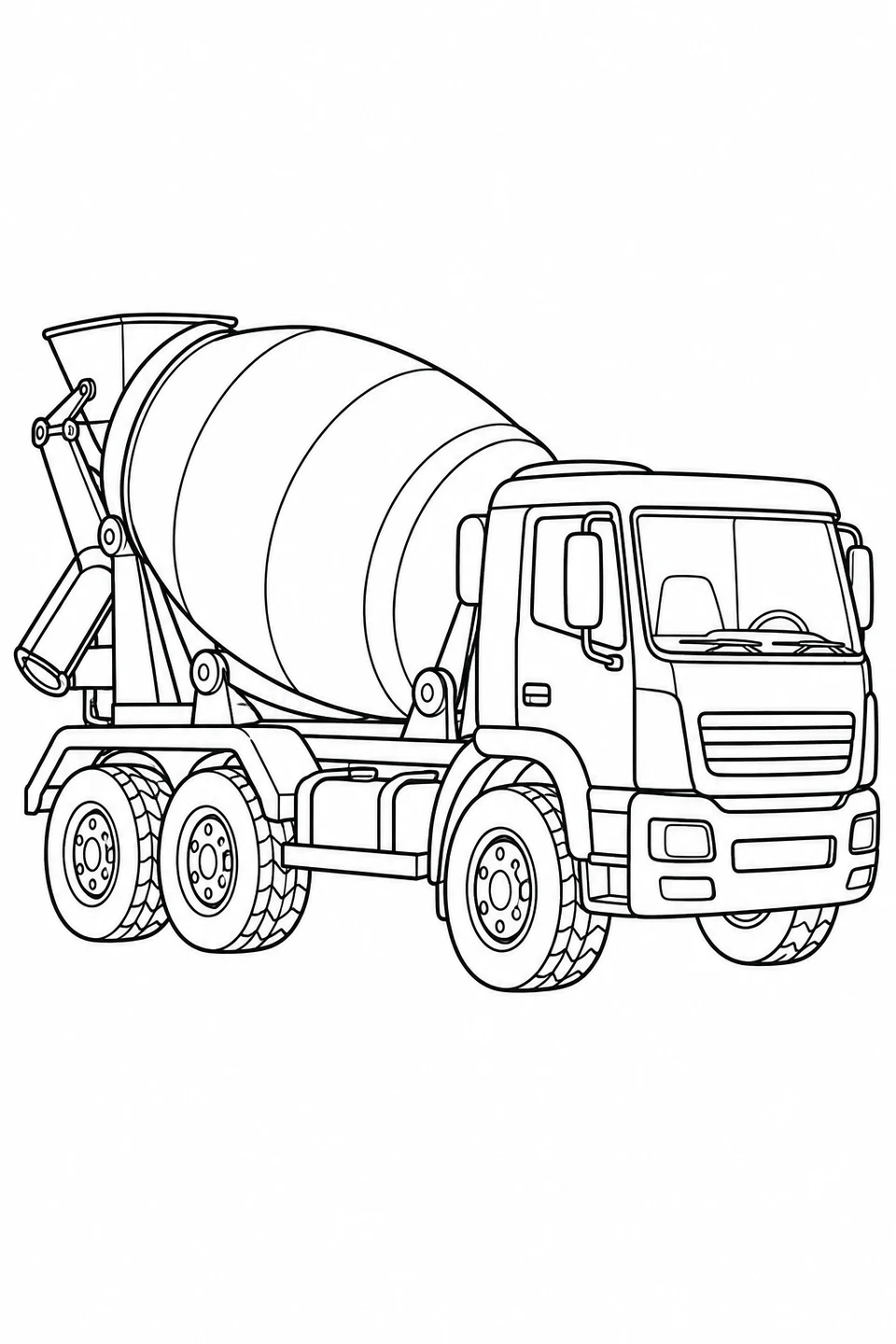 A truck carries a large mixing drum and a rear delivery chute.