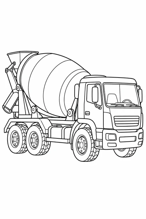 A truck carries a large mixing drum and a rear delivery chute.