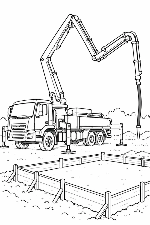 A truck-mounted concrete pump extends its folding boom beside an empty foundation form.