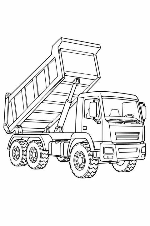 A dump truck lifts its empty cargo bed above the chassis.