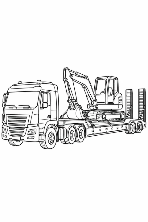 A truck pulls a low trailer carrying a secured excavator with its boom folded.