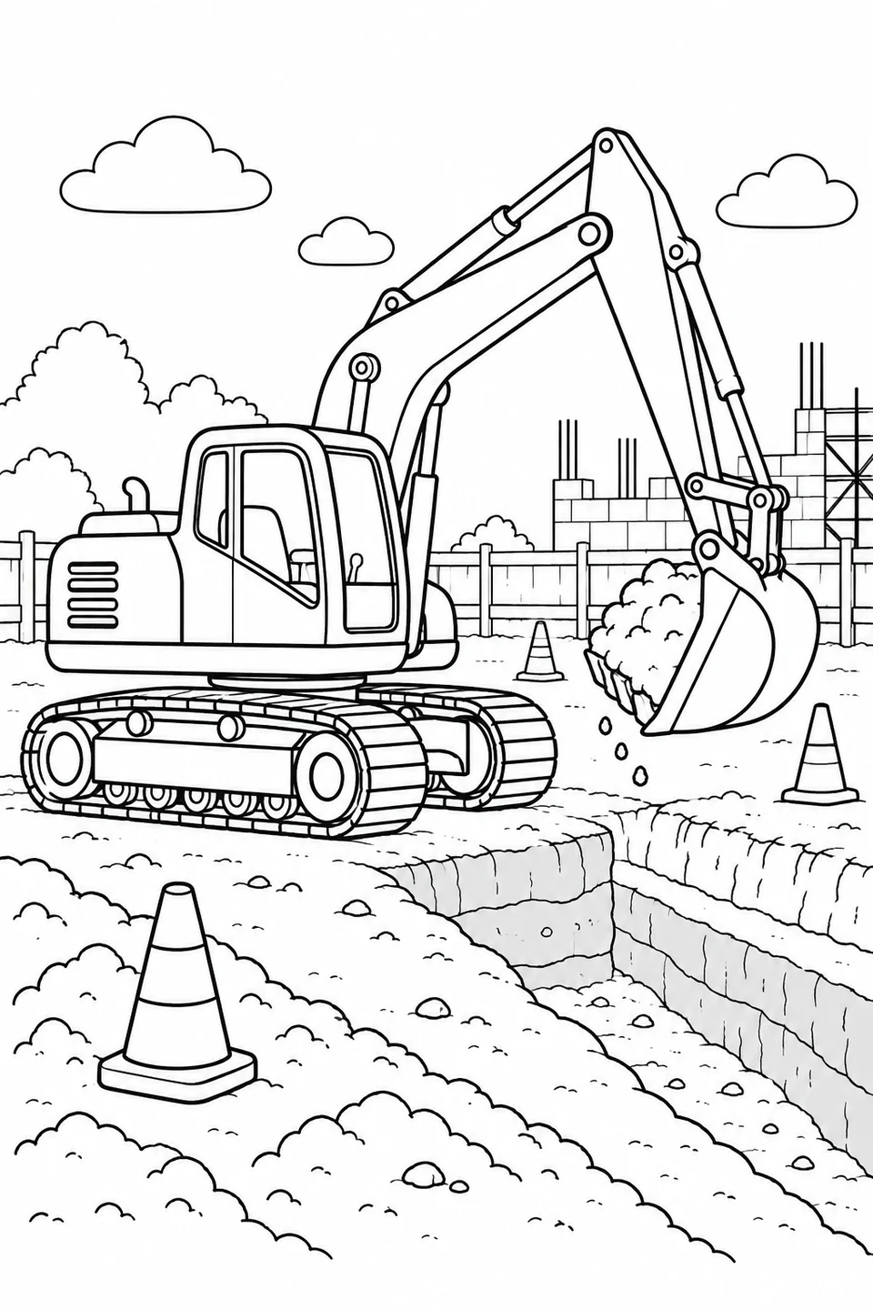 Un escavatore tiene una benna di terra sopra una trincea in un cantiere recintato.