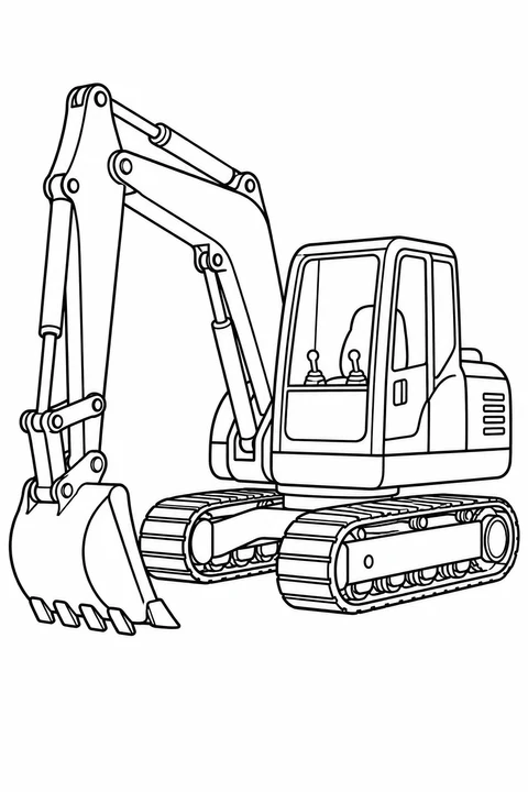 A tracked excavator rests its toothed bucket near the ground beside a large cab window.