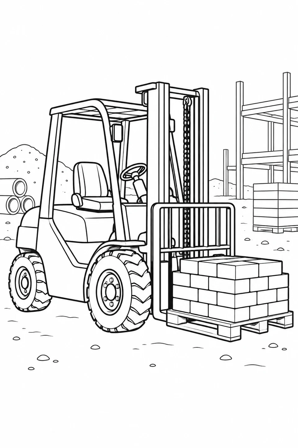 A forklift supports a low pallet of neatly stacked bricks.