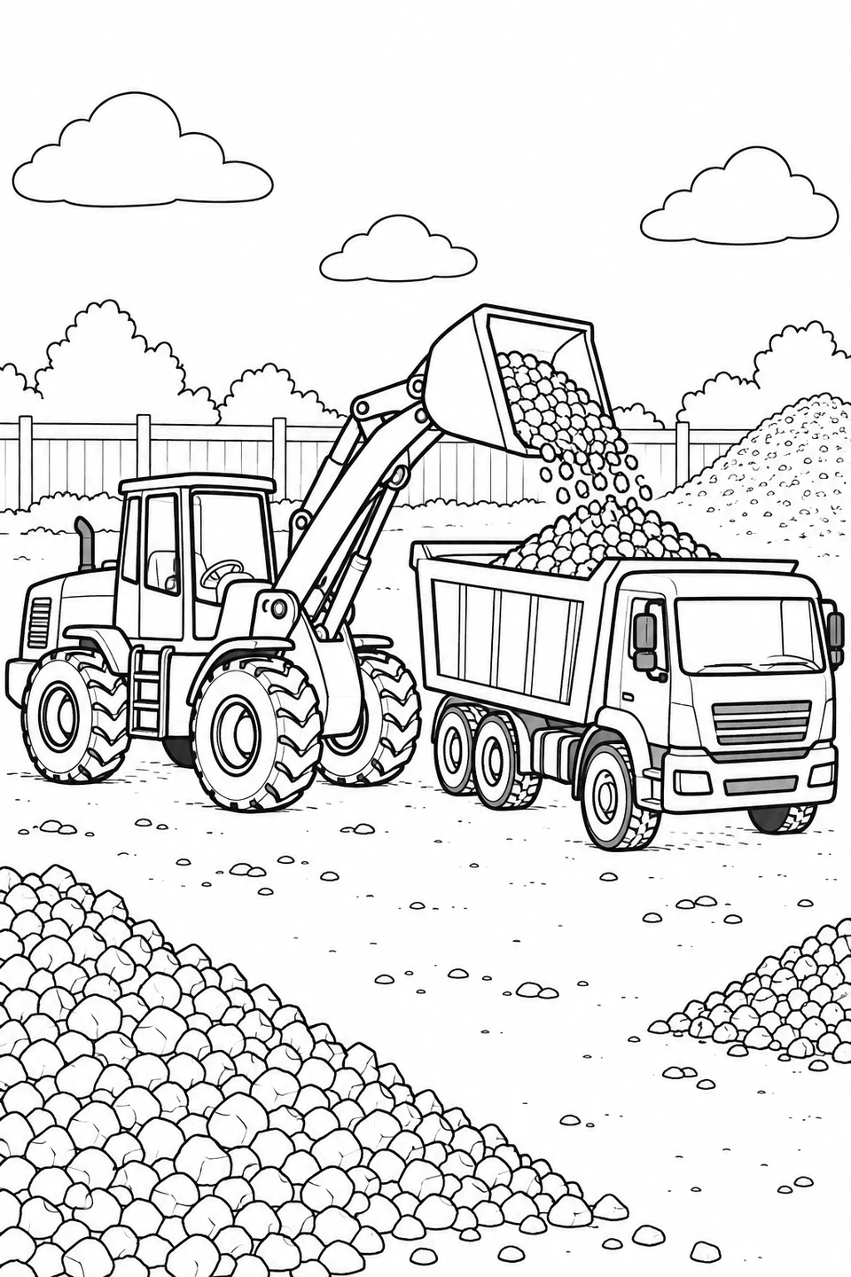 A wheel loader tips stones into the bed of a waiting dump truck.