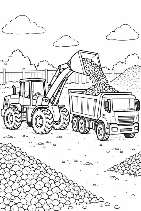 A wheel loader tips stones into the bed of a waiting dump truck.