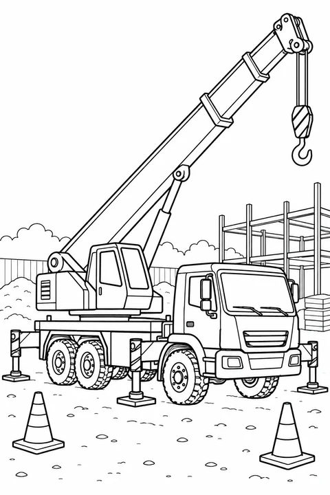 A crane truck extends its boom and stabilizers beside two safety cones.