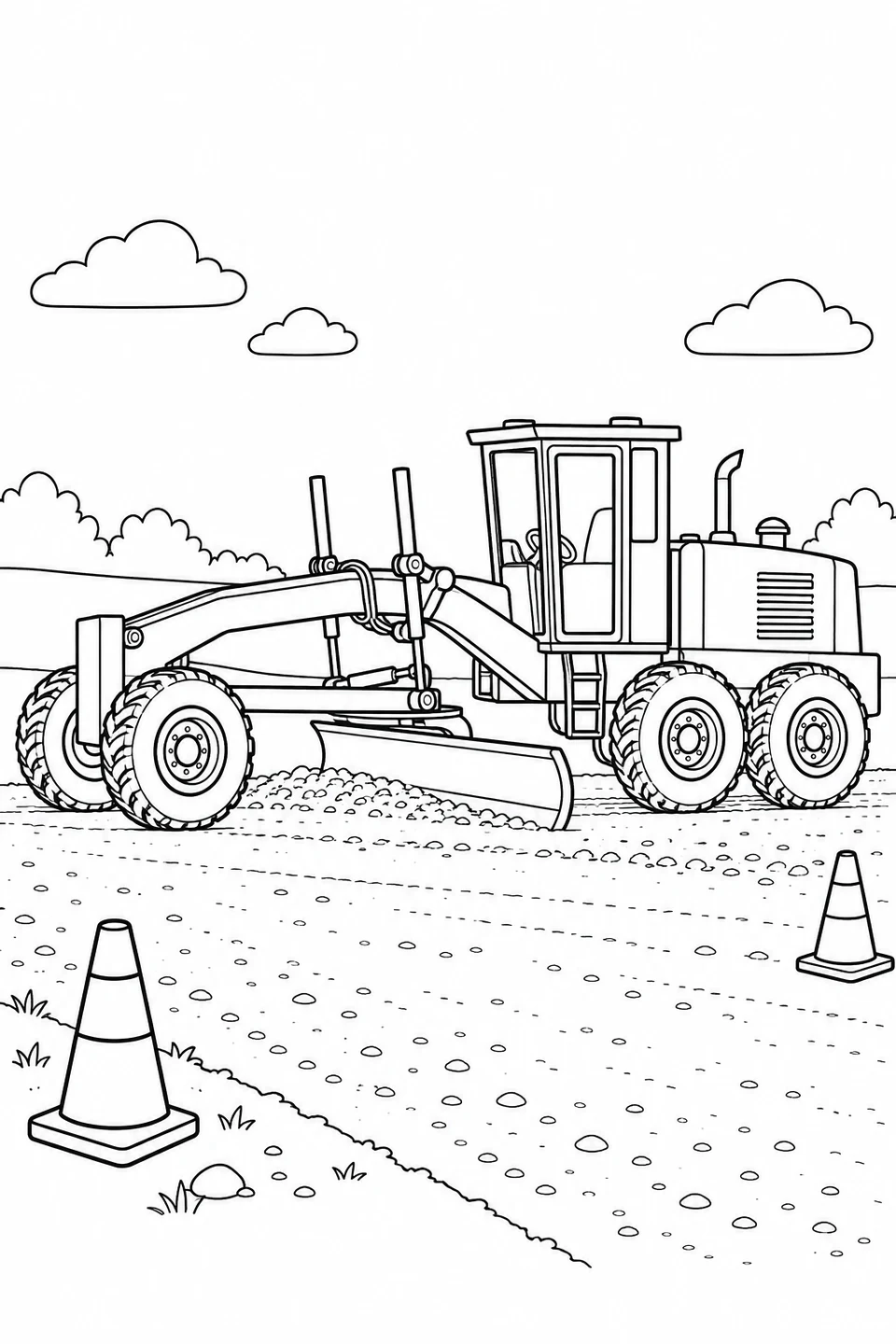 A long motor grader smooths gravel with a blade beneath its frame.