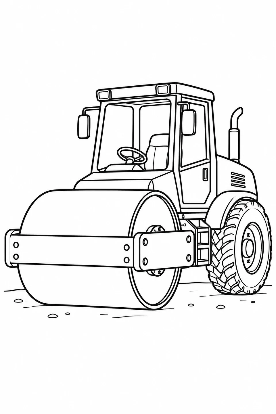 A road roller has a broad front drum and a large rear tire.