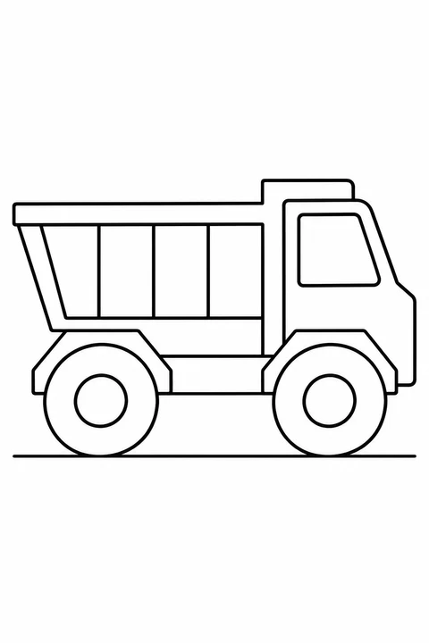A dump truck in side view has two large wheels, a broad window and an empty bed.
