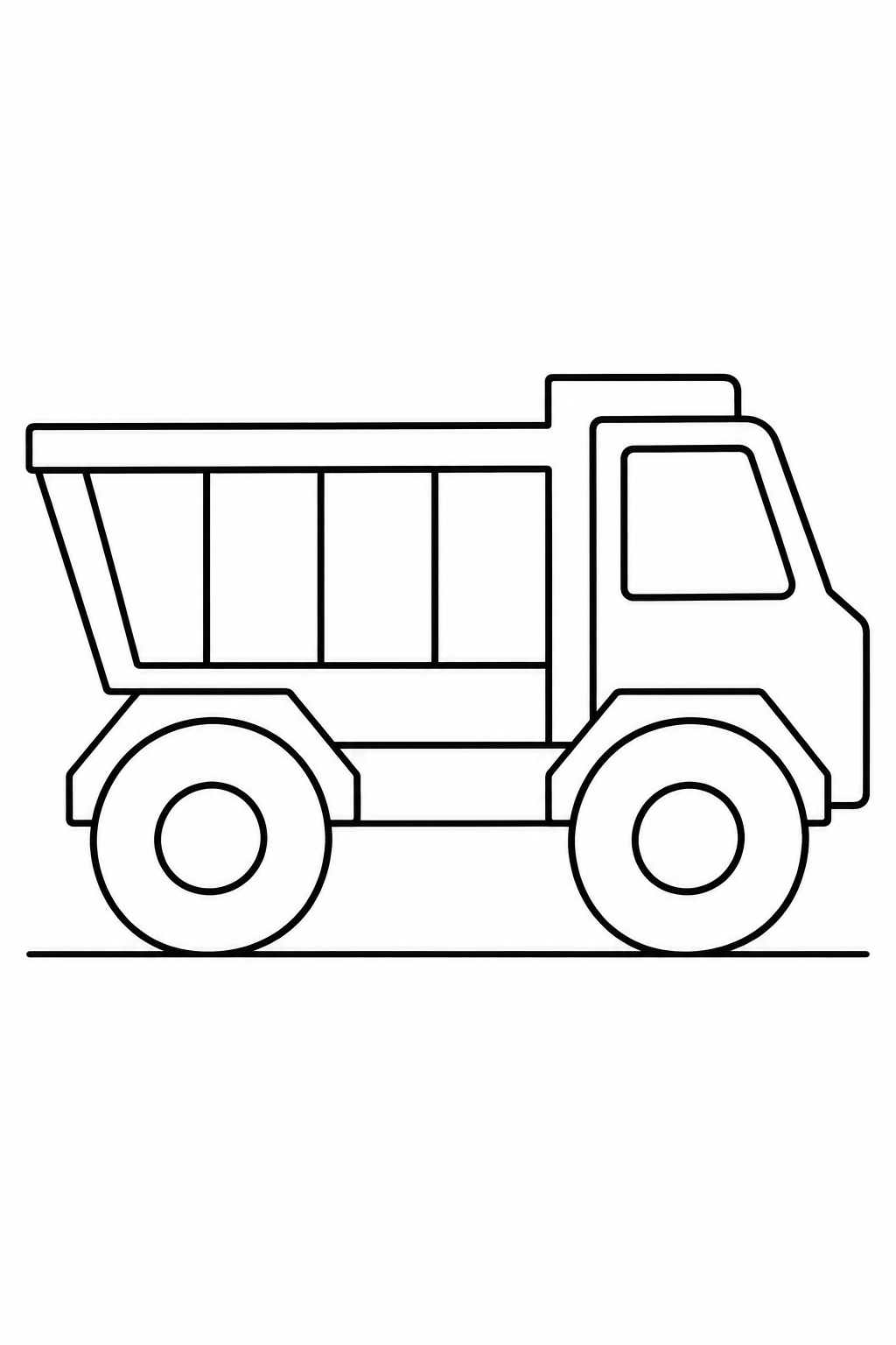 A dump truck in side view has two large wheels, a broad window and an empty bed.