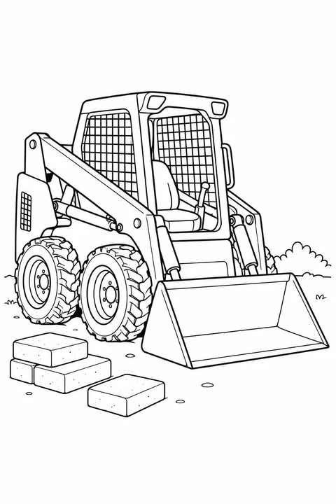 A compact loader rests its bucket beside several paving blocks.