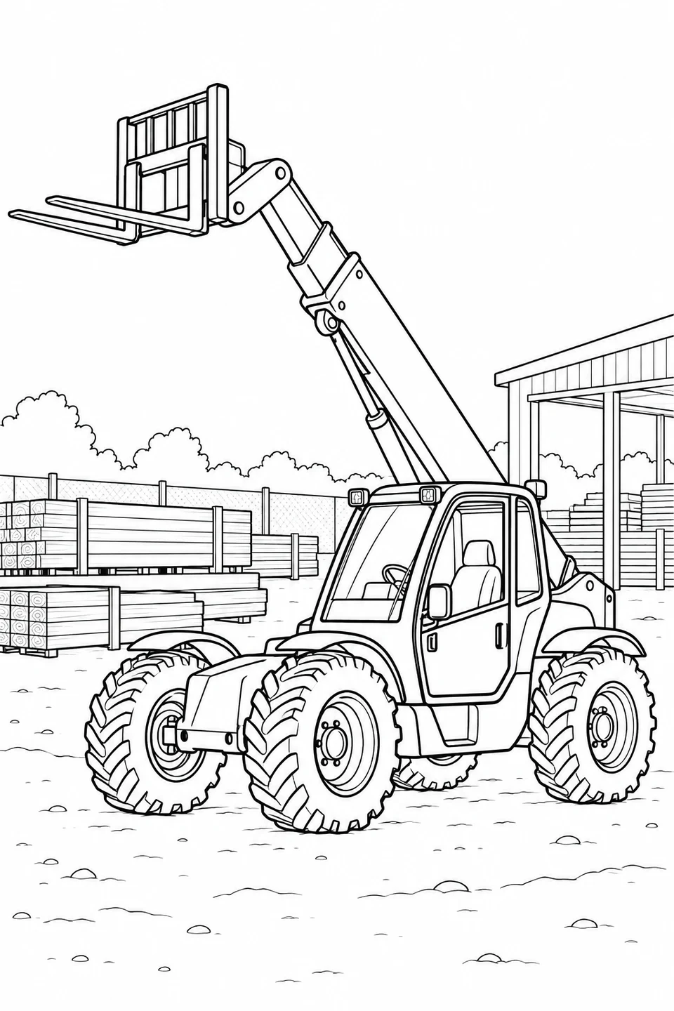 A telescopic handler raises empty forks above its cab in a timber yard.