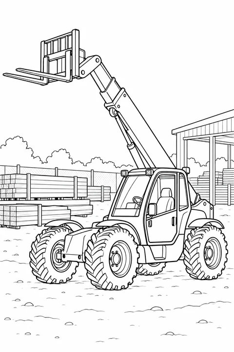 A telescopic handler raises empty forks above its cab in a timber yard.
