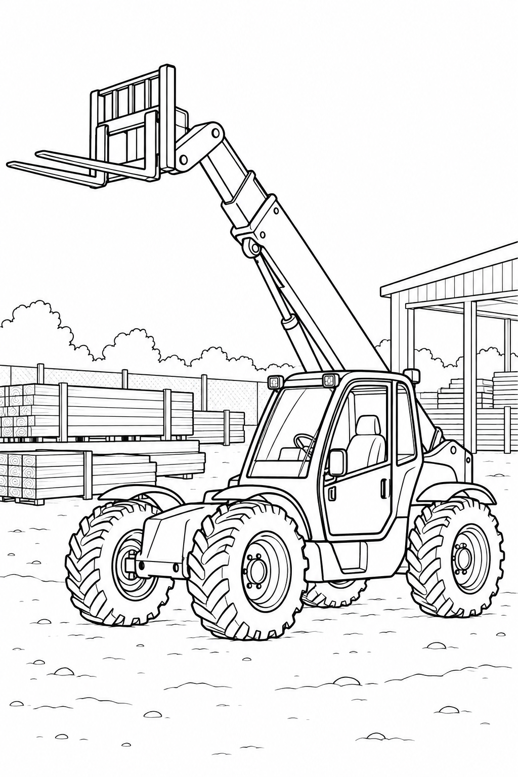 A telescopic handler raises empty forks above its cab in a timber yard.