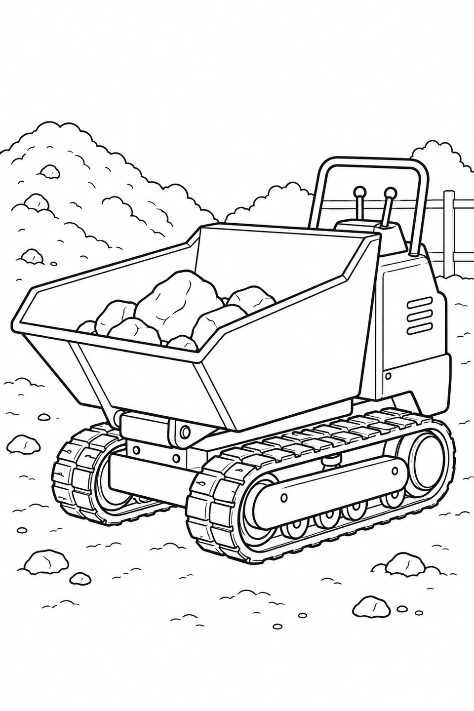 A compact tracked dumper carries rocks in its open hopper.