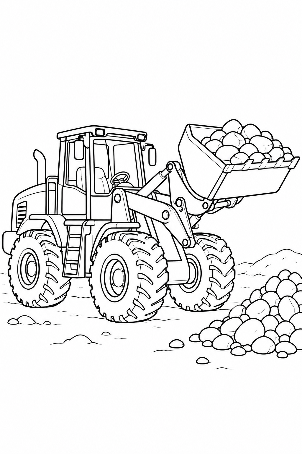 A wheel loader raises a bucket of stones beside a gravel pile.