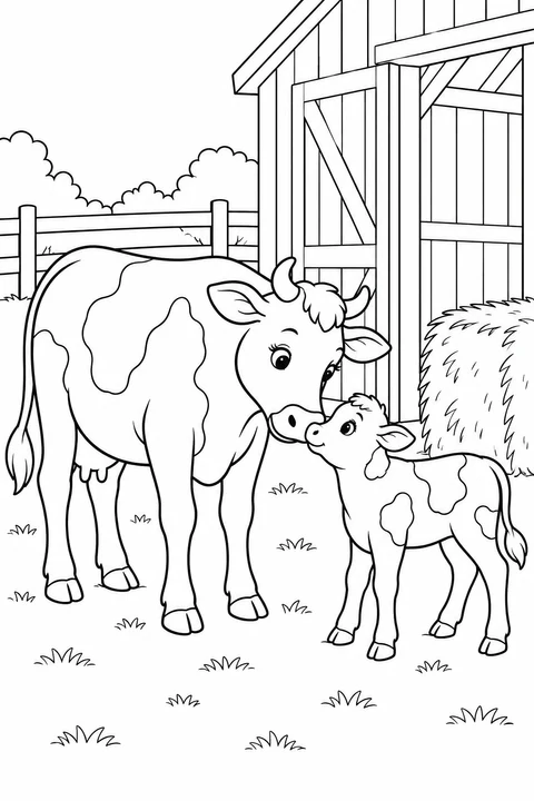 A cow and calf touch noses beside a barn and hay bale.