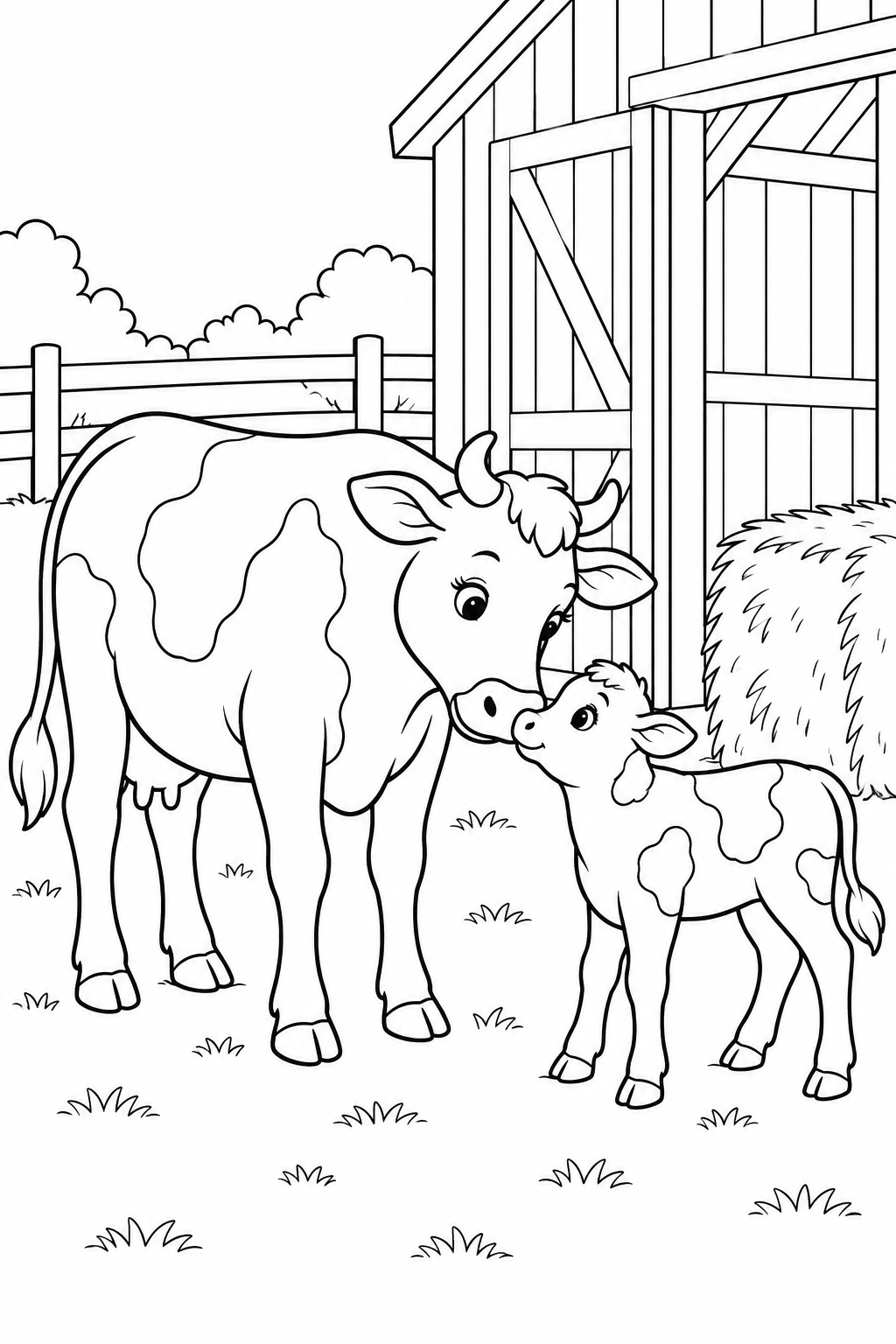 A cow and calf touch noses beside a barn and hay bale.