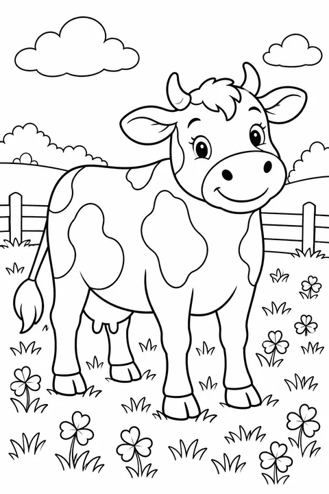 A smiling cow stands on grass beside a low fence, surrounded by small flowers with heart-shaped petals.