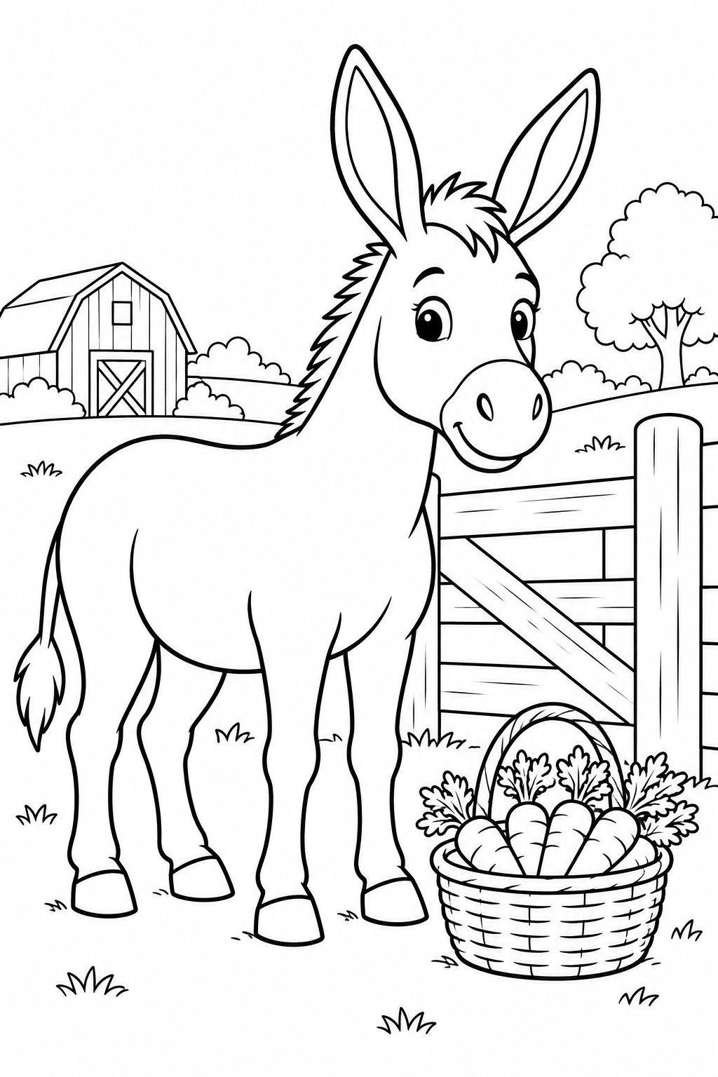 A donkey stands beside a basket of carrots near a gate.