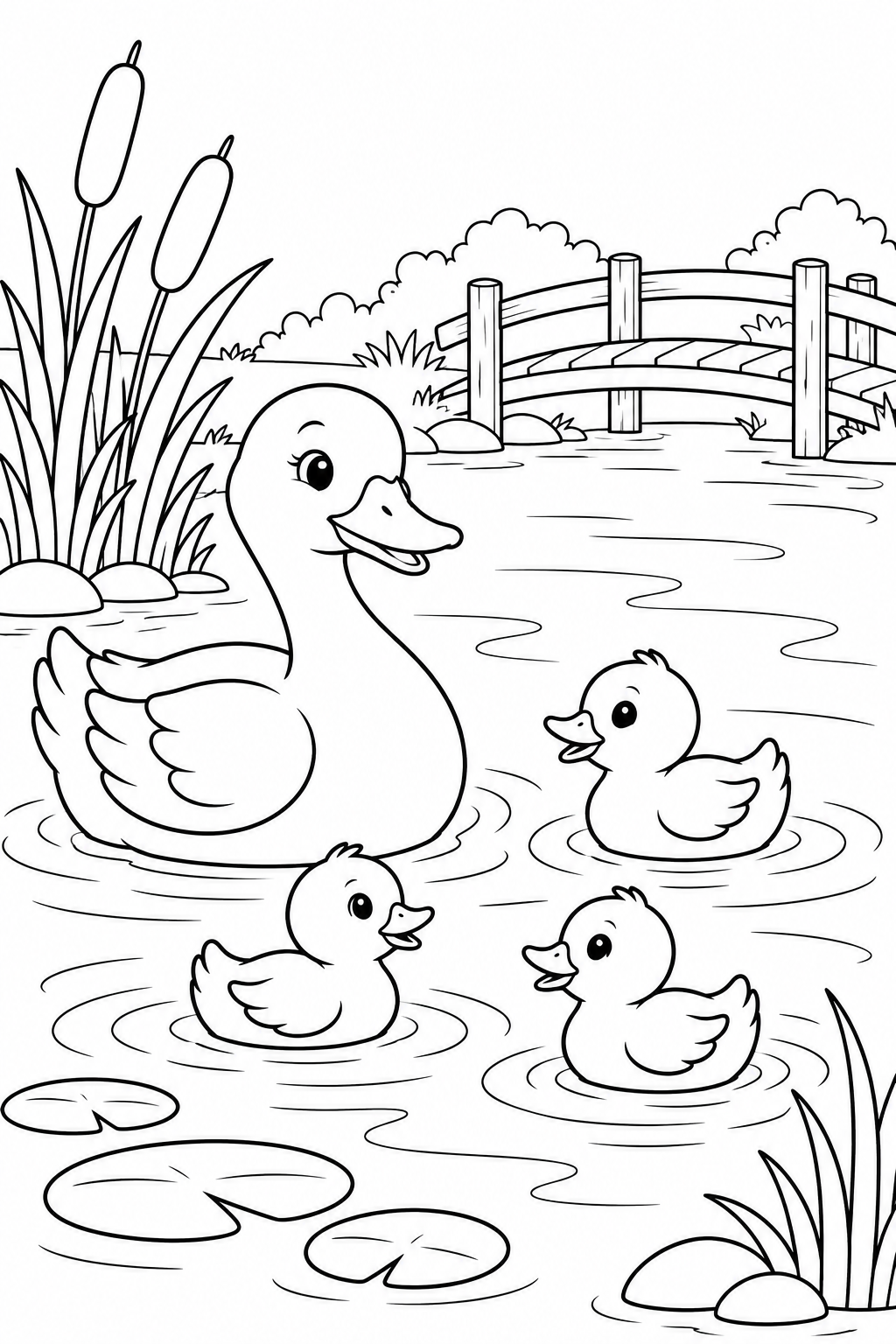 A duck and three ducklings swim beside reeds and a bridge.