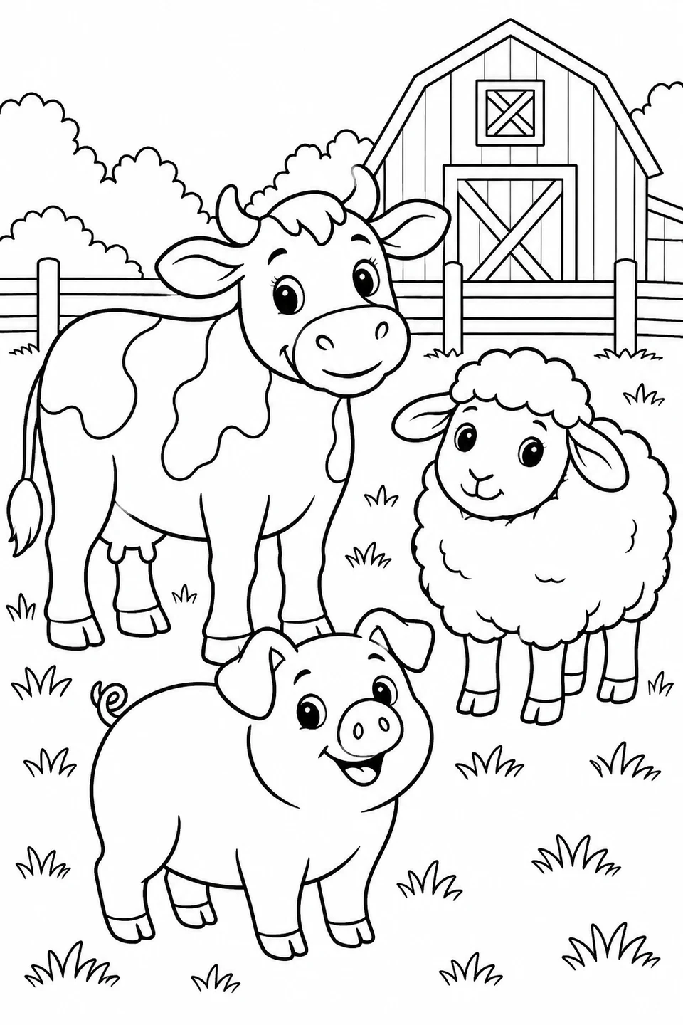 A cow, sheep and pig stand together in front of a barn.