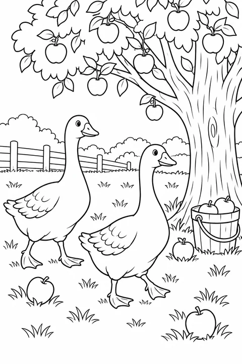 Two geese stroll beneath an apple tree beside a fruit bucket.