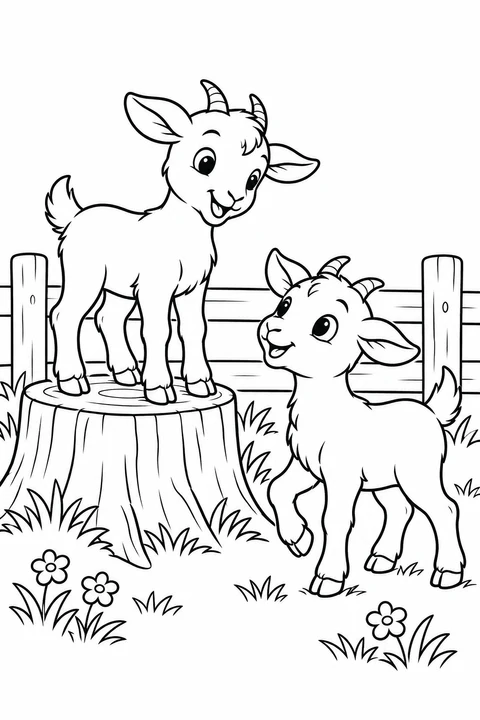 One goat on a tree stump and another looking up beside a wooden fence.
