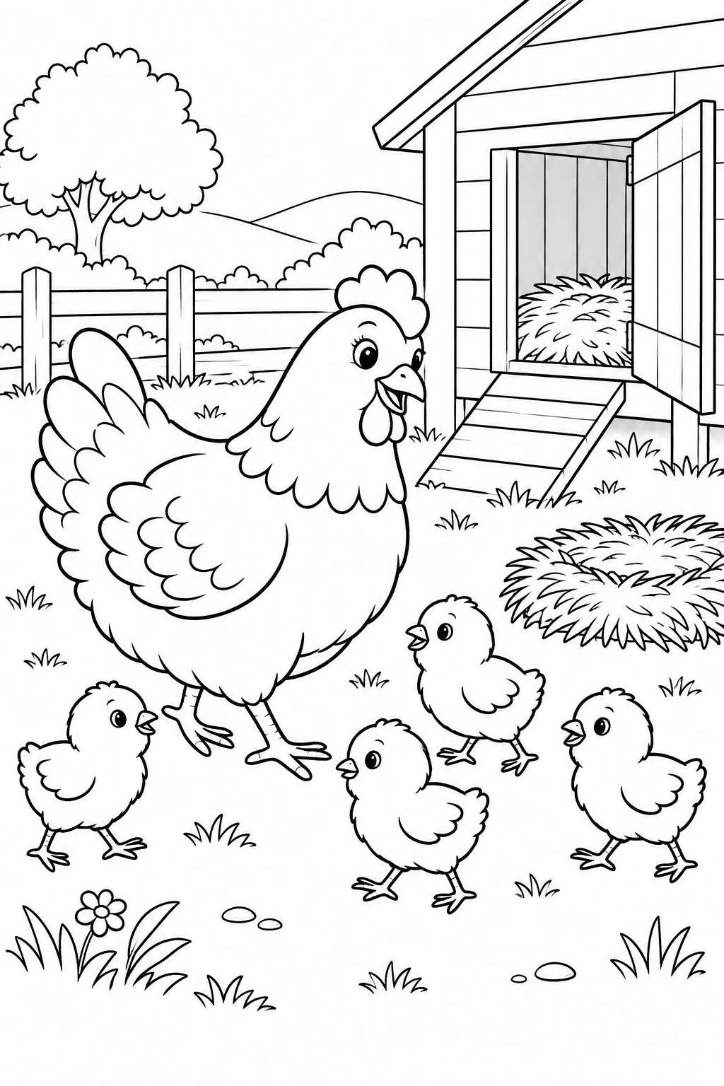 A hen stands with four chicks outside an open coop, with straw nests, a ramp and a fence nearby.