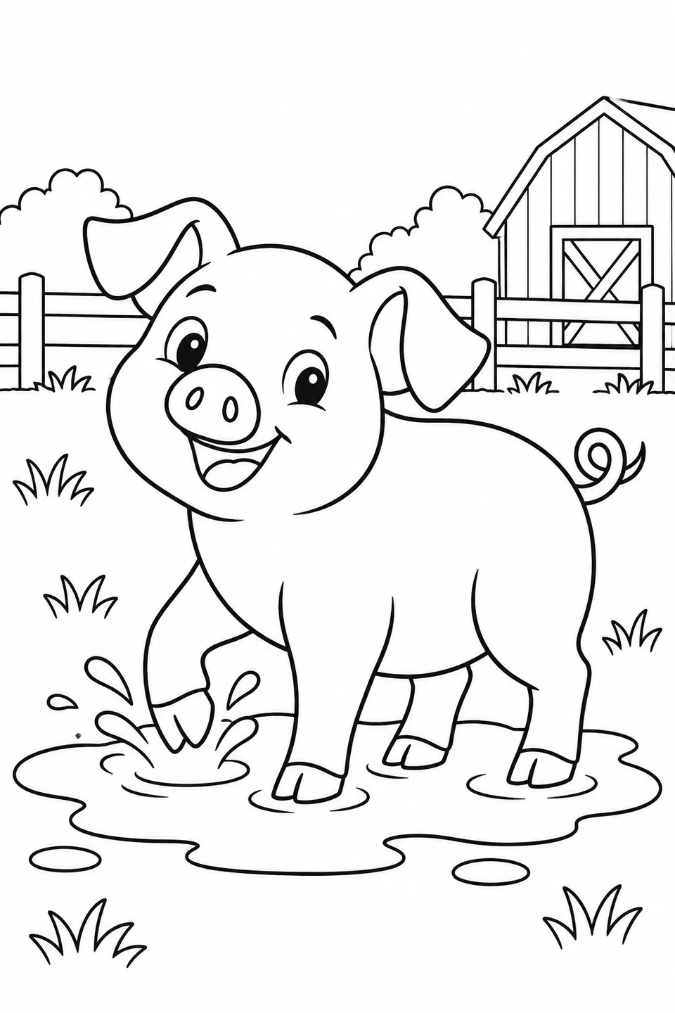 A cheerful pig splashes a hoof in a shallow puddle.