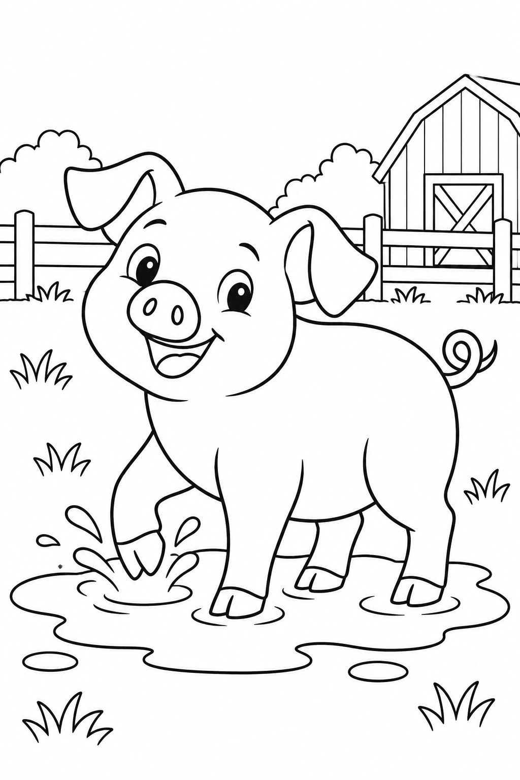 A cheerful pig splashes a hoof in a shallow puddle.