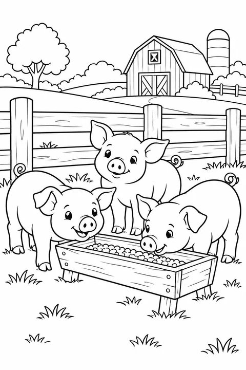 Three piglets gather at a feeding trough beside a farm fence.