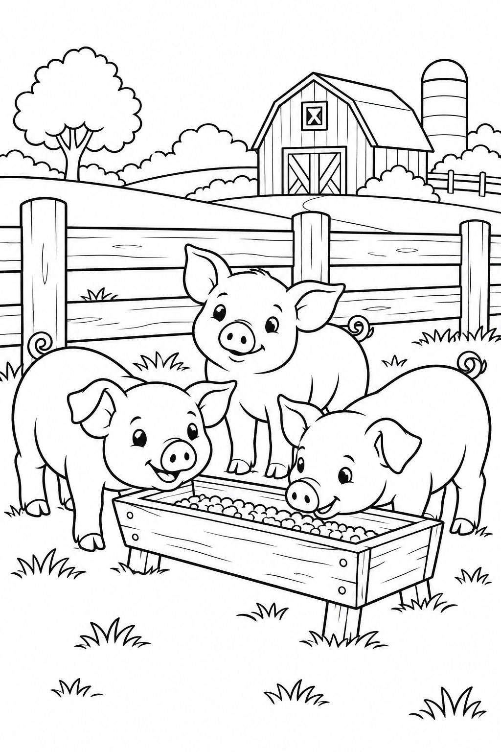 Three piglets gather at a feeding trough beside a farm fence.