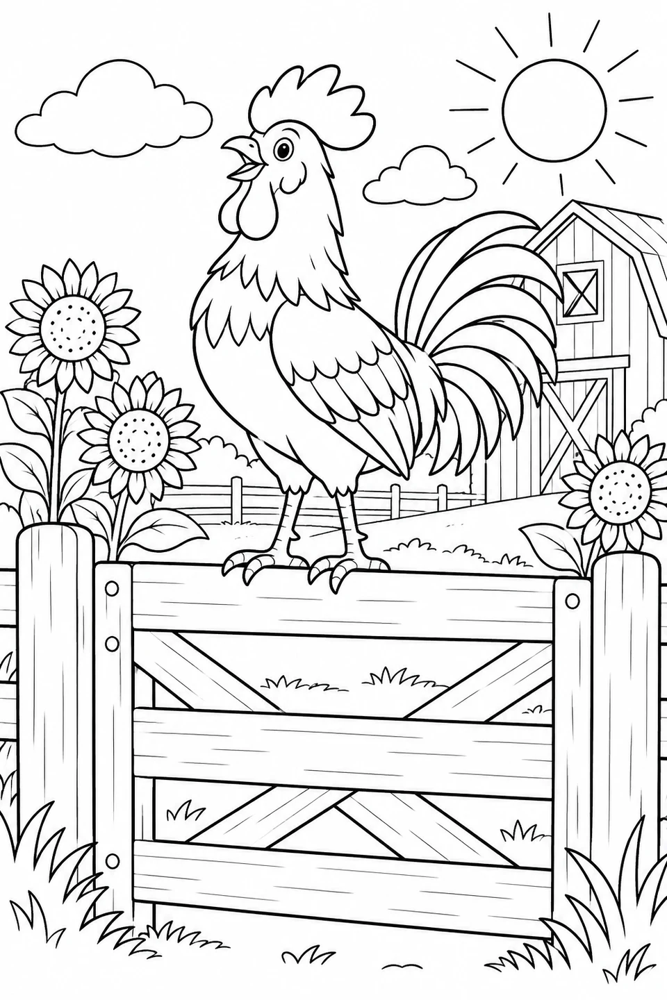 A rooster stands on a farm gate between sunflowers.