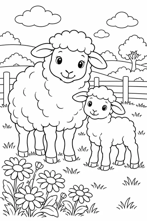 A sheep and lamb stand among daisies in a meadow.