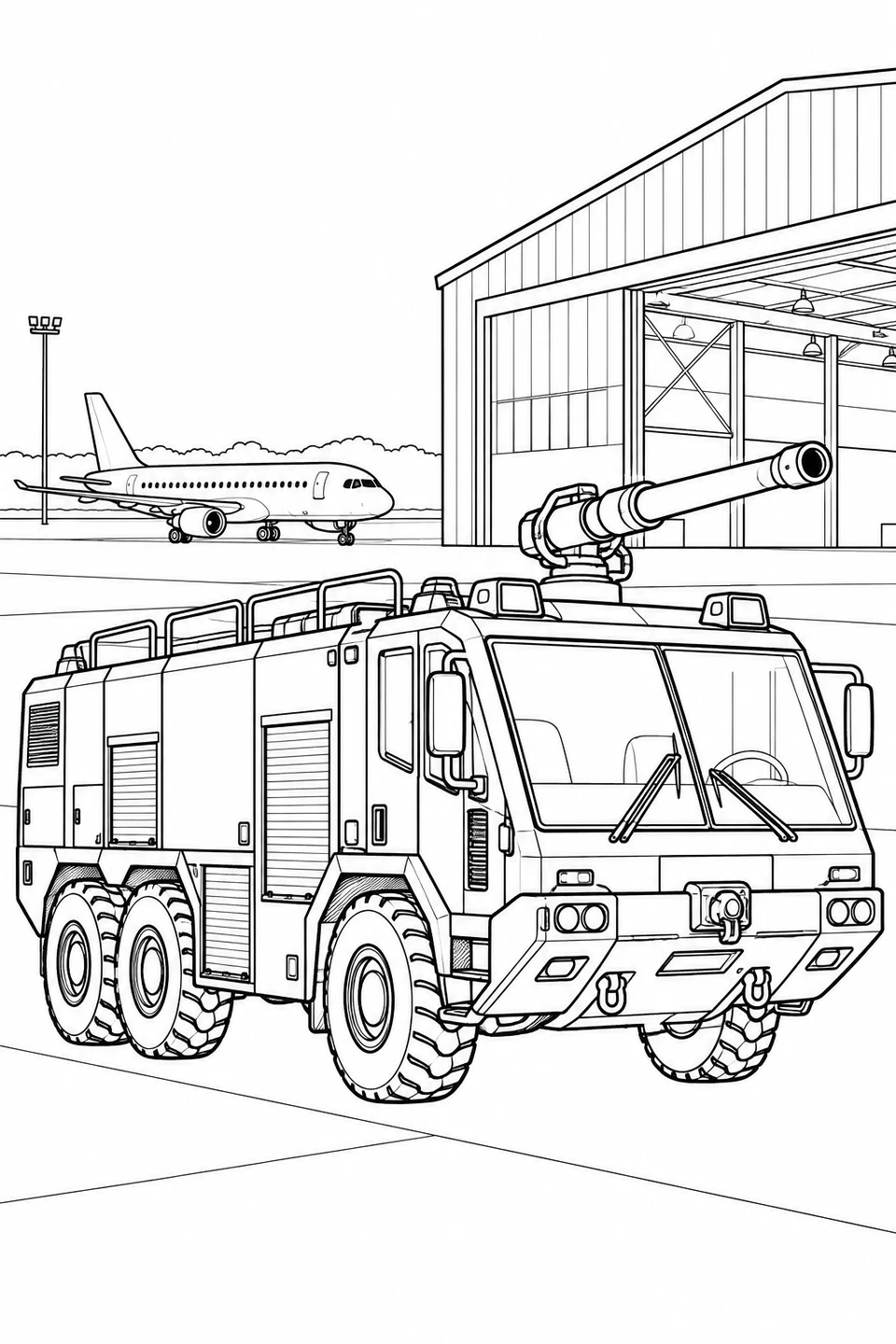 A broad airport fire truck with chunky tires and a roof water monitor stands near a hangar and passenger airplane.