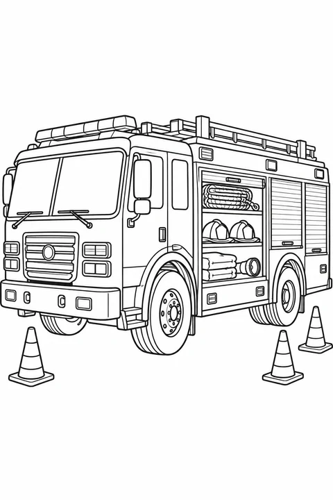 Fire truck with an open compartment holding rope, helmets, folded blankets and a flashlight.